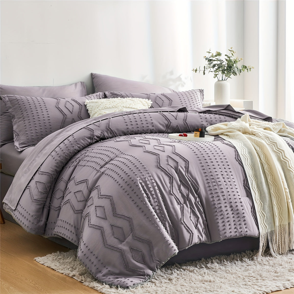 Conjunto 7 peças de Cobertor de Cama Queen, Boho com Tufting Sofisticado