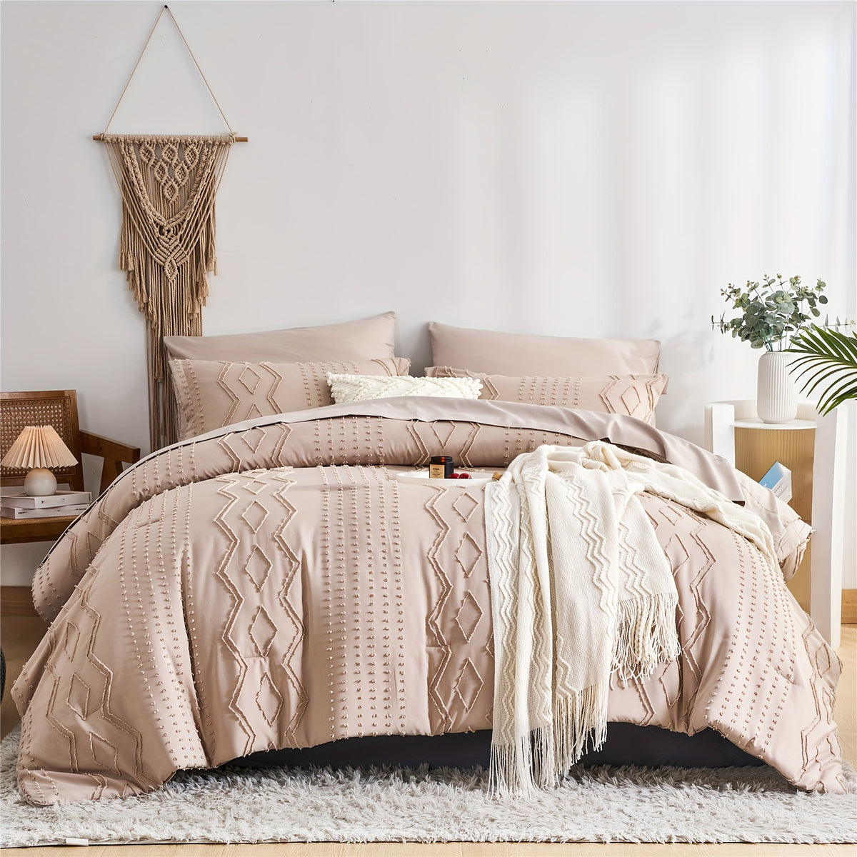 Conjunto 7 peças de Cobertor de Cama Queen, Boho com Tufting Sofisticado
