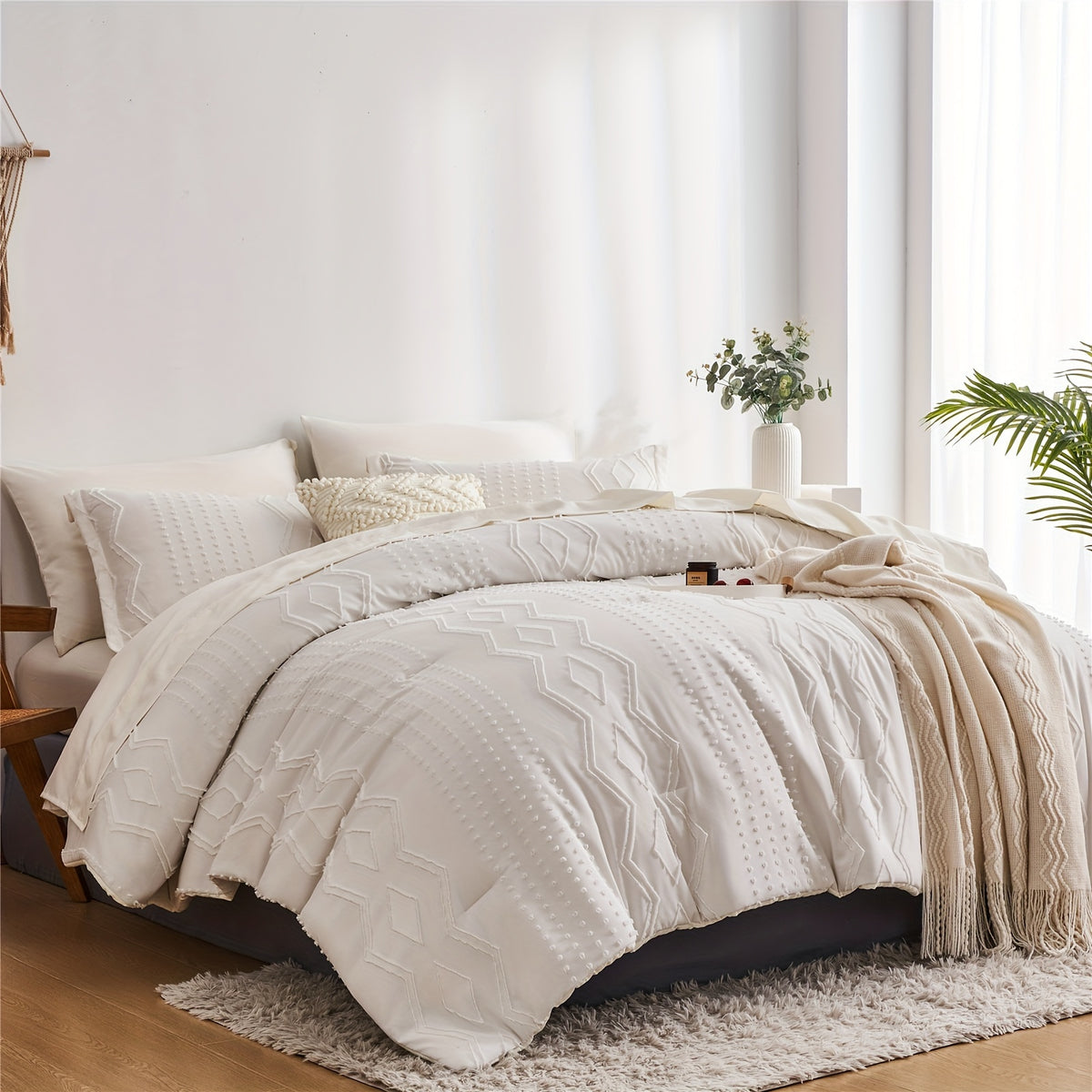 Conjunto 7 peças de Cobertor de Cama Queen, Boho com Tufting Sofisticado